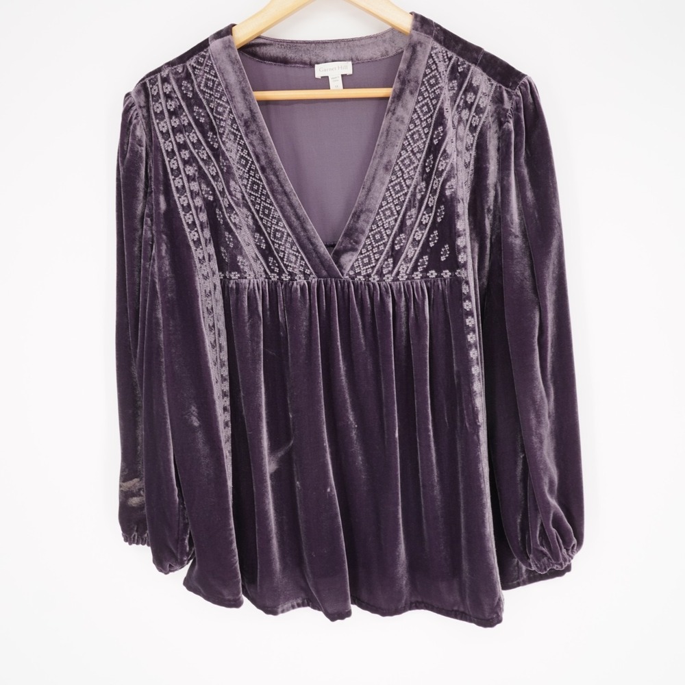 Garnet Hill Velvet Embroidered Boho Tunic Top Womens 14 Purple V Neck Silk Blend